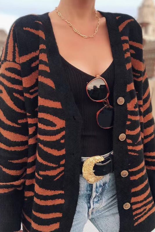 Buttoned Zebra Knit Cardigan