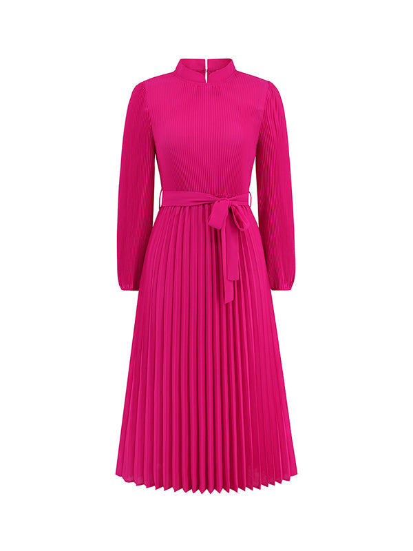 Bishop Sleeve High Waisted Hollow Pleated Color Tied Waist Mock Neck Midi Dresses