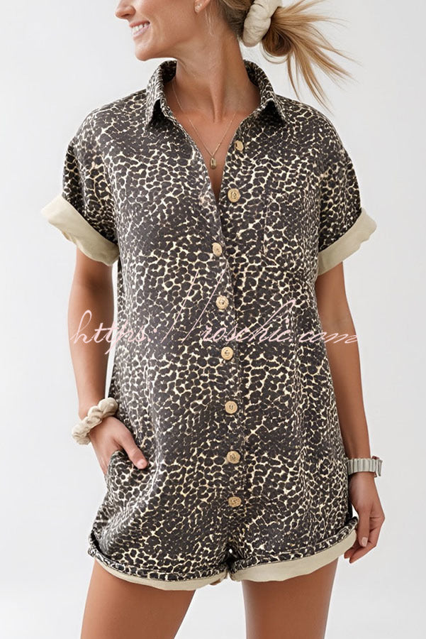 Comfort Meets Style Leopard Print Button Up Pocket Loose Shirt Romper