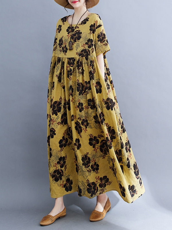 Loose Short Sleeves Pleated Printed Split-joint Round-neck Midi Dresses