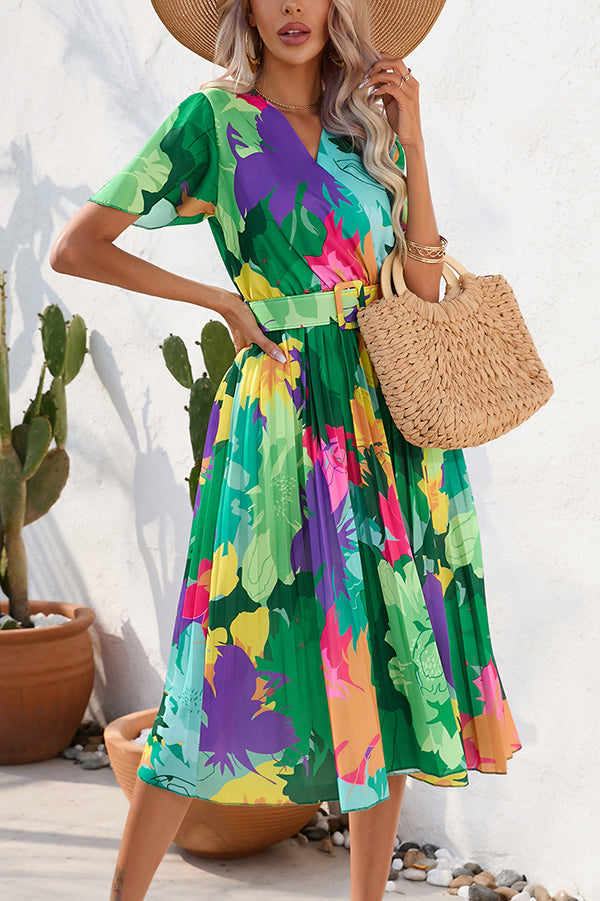 Paulette Contrast Print Belted Pleated Midi Dress