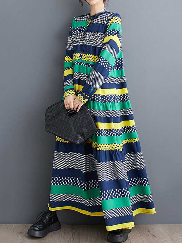 A-line Long Sleeves Buttoned Polka-dot Split-joint Round-neck Midi Dresses