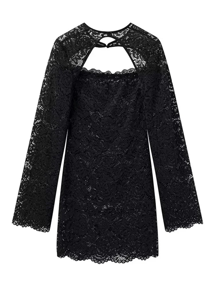 Black Lace Mini Dress ’s 2 Piece-set Shrug Hollow Out Printed Party Dress Sets Female See-through Dress