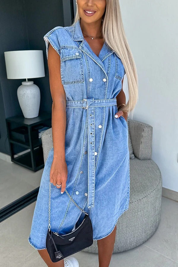 Color Lapel Sleeveless Button Pocket Waist Tie Denim Midi Dress