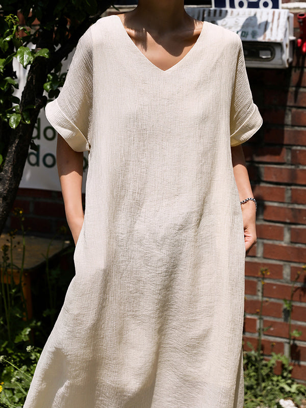 A-line Loose Hollow Color Split-side Tied Waist V-neck Midi Dresses