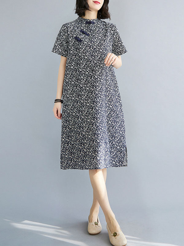 Artistic Retro Printed Stand Collar Short Sleeves Cheongsam Midi Dress