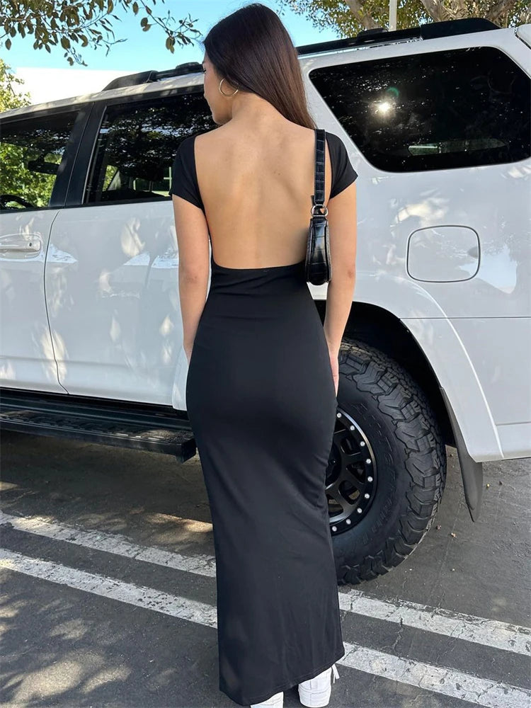 Backless Slin Female Dress Short Sleeve Side Split Basic Y2k Dress for Maxi Dress