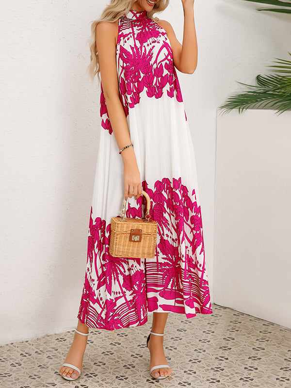 A-line Loose Hollow Pleated Printed Tied Mock Neck Midi Dresses