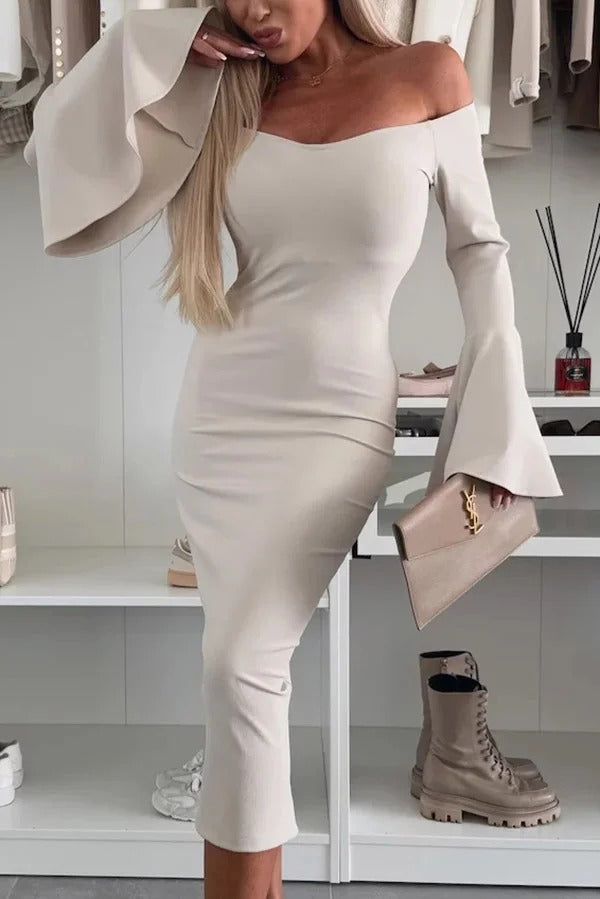 Color Off-shoulder Trumpet Sleeve Slim Midi Dress