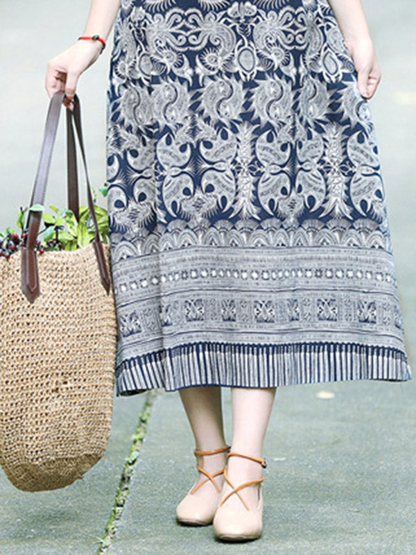 Cotton Blend Printing Midi Dresses
