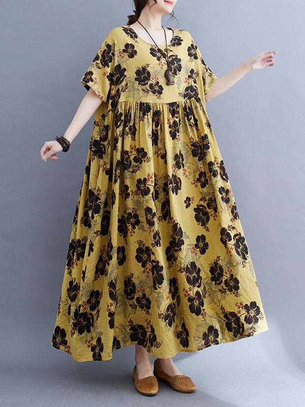 Loose Short Sleeves Pleated Printed Split-joint Round-neck Midi Dresses