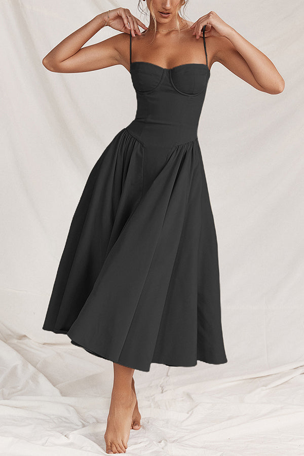 Color Slim Fit Suspender Pocket Midi Dress