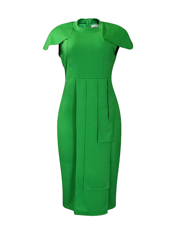 Short Sleeves Skinny Pleated Color Split-back Split-front Split-joint Round-neck Midi Dresses