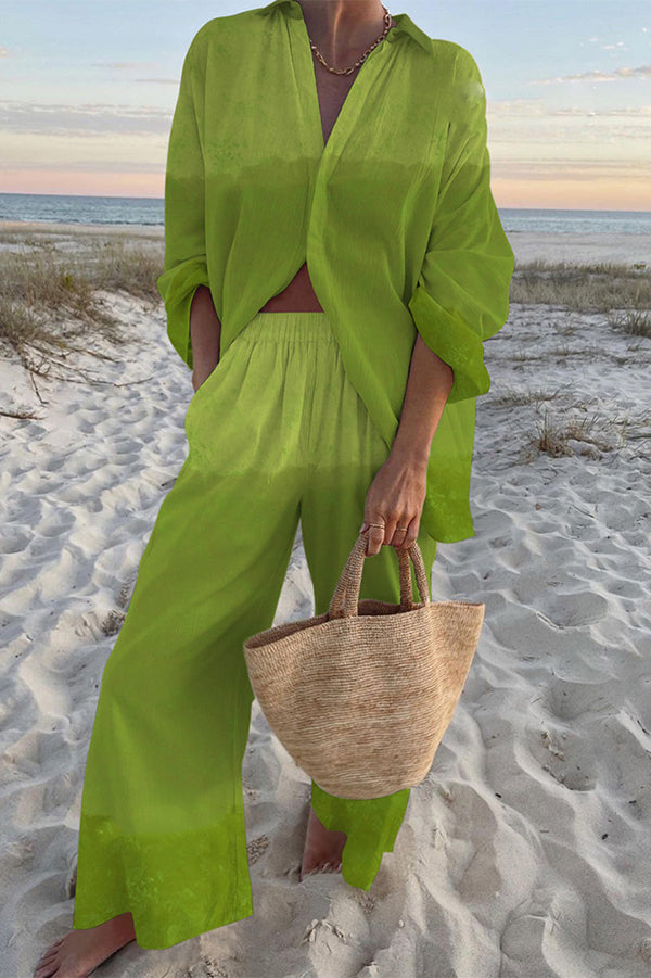 Ombre Print Oversized Shirt and Elastic Waist Pocket Pants Set