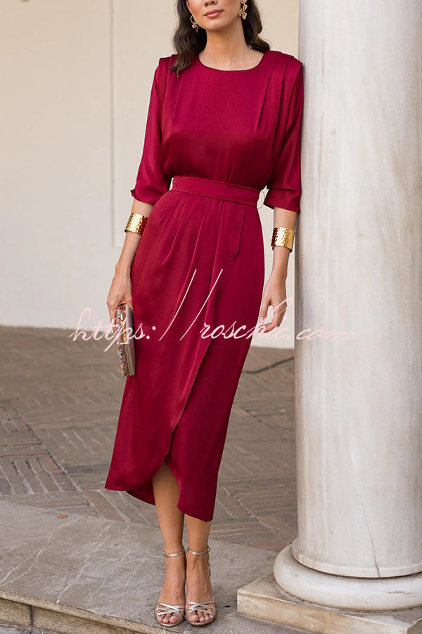 Satin Color Round Neck Half Sleeve Waist Midi Dress