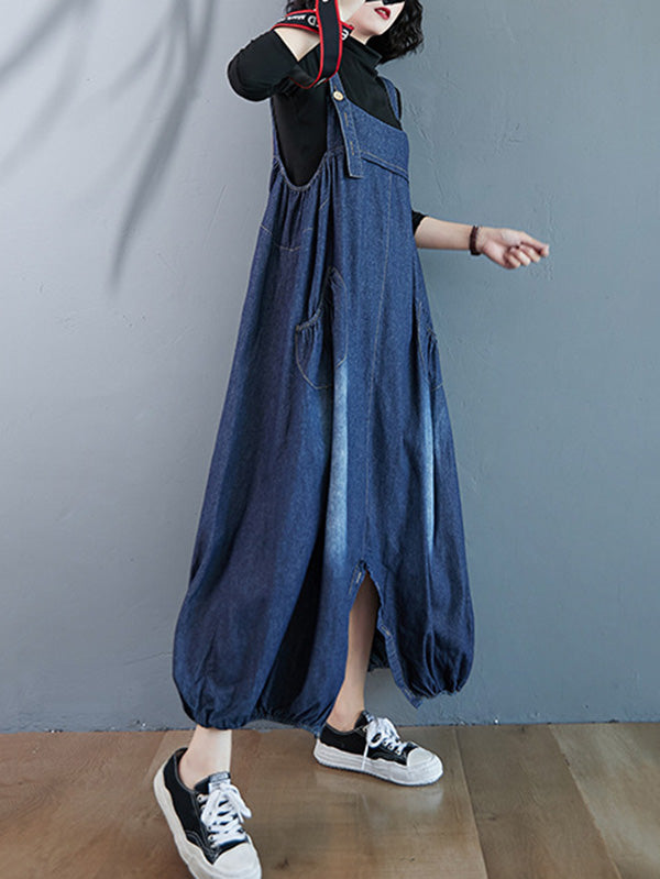 Simple Denim Buttoned Overalls&dress