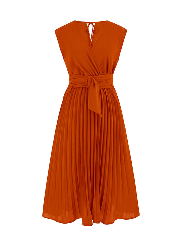 Sleeveless Pleated Color Tied Waist V-neck Midi Dresses