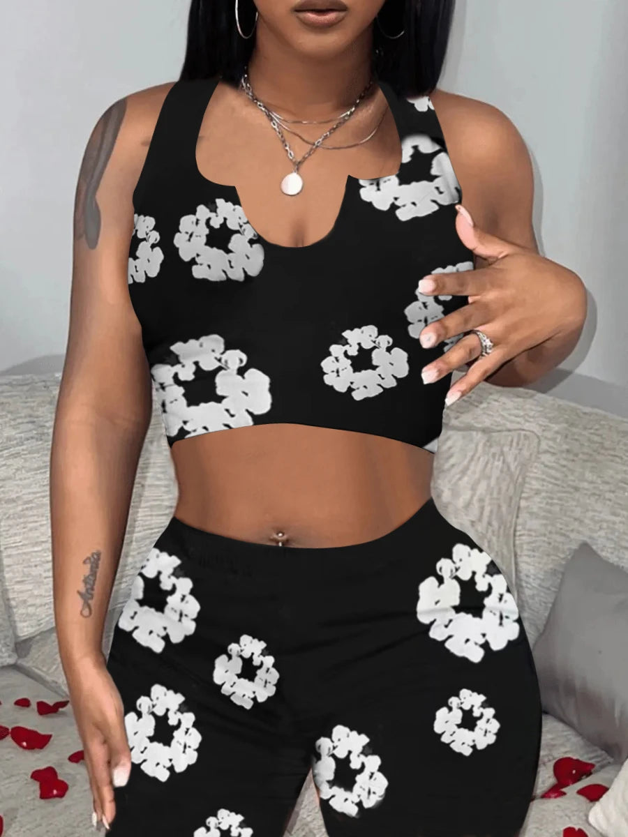 Cami Print Shorts Set Y2k Two Pieces Outfits Crop Top High Waist Shorts Clothes Sets