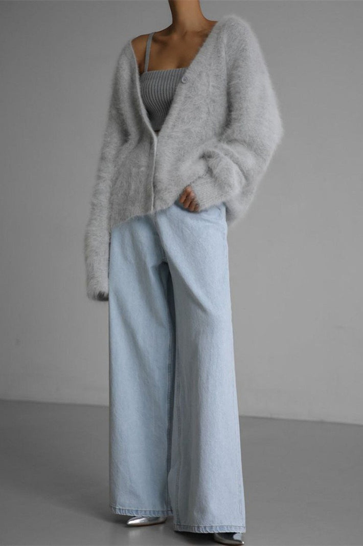 V-neck Fluffy Knit Cardigan Sweater