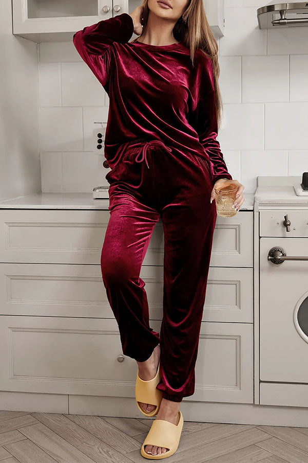 Red Velvet Round Neck Top & Drawstring Pants Longe Set