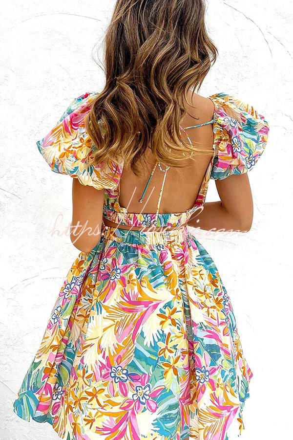 How Sweet Puff Sleeve Cutout Elastic Waist Mini Dress