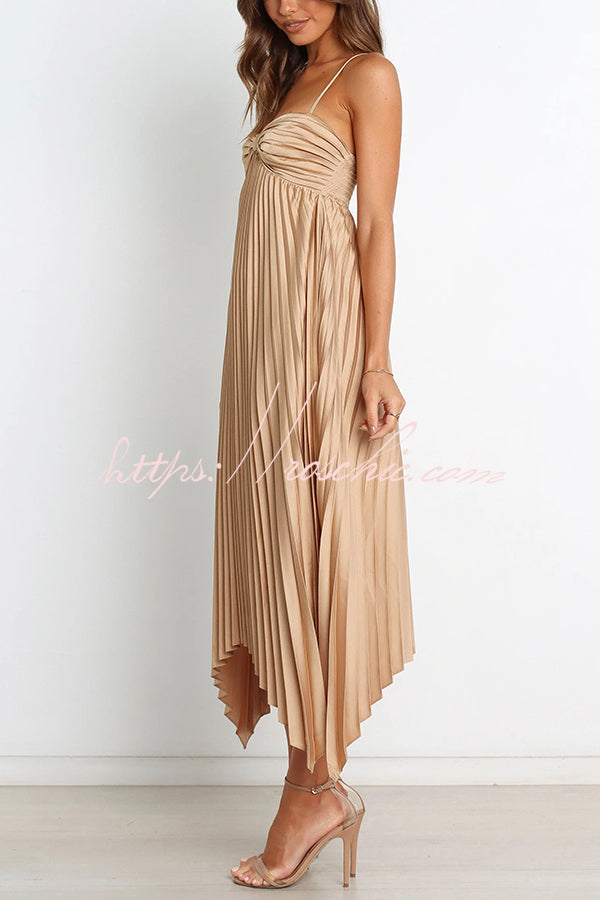 Color Suspender Pleated Irregular Midi Dress