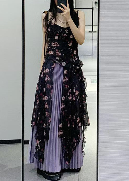 Black Ruffled Print Chiffon Two-piece Set Sleeveless Qp030