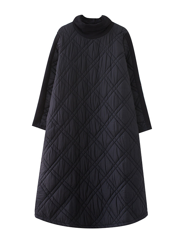 Simple Split-joint High-neck H-line Quilted Midi Dress