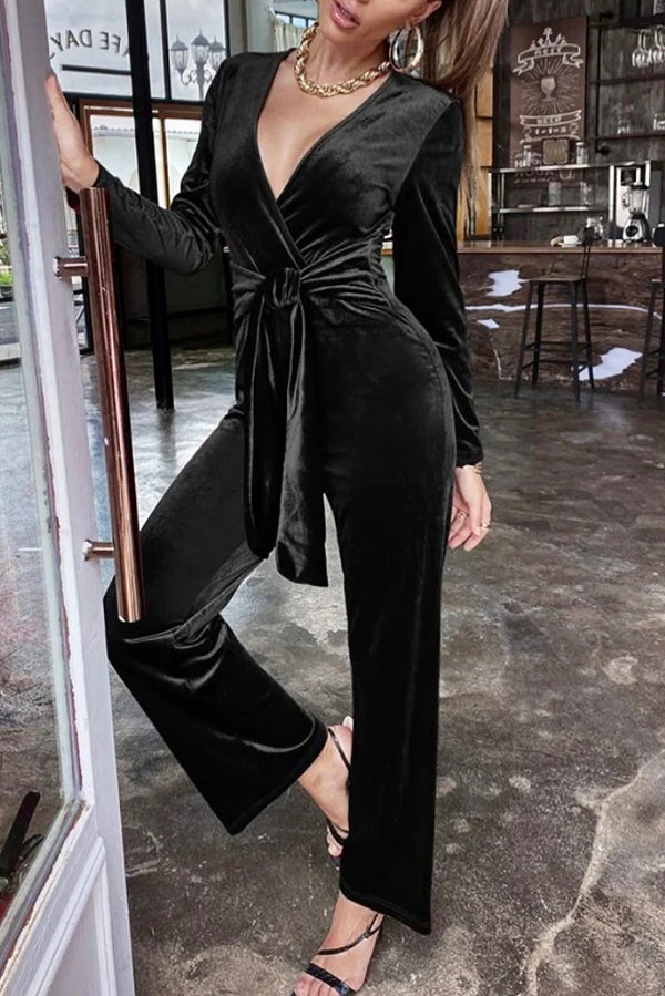 Color Velvet Deep V Belt Slim Jumpsuit