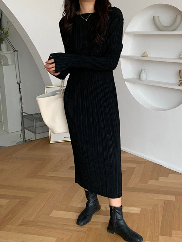 Simple Long Sleeves Black Split-joint Elasticity Waist Pleated Midi Dress