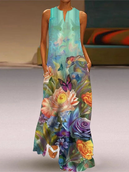 Summer New Flower Printed Long Dresses V-neck Loose Sleeveless Dress Commuting Vestidos Female