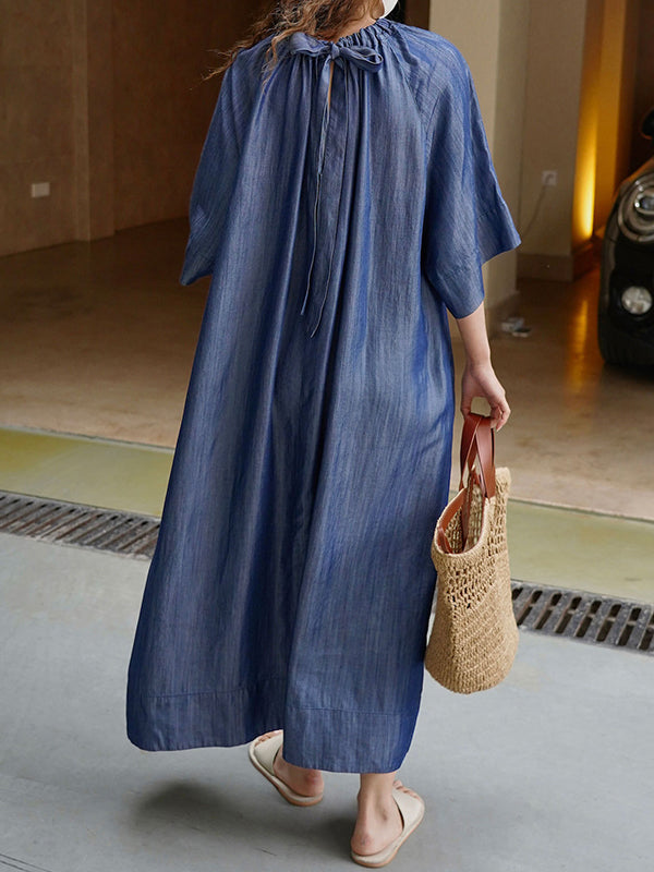 Loose Raglan Sleeve Drawstring Lace-up Pleated Color Round-neck Midi Dresses