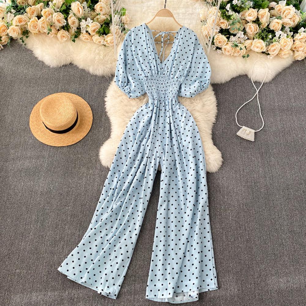 Stylish Army Green V-neck Polka Dot Puff Sleeve Wide Leg Jumpsuit