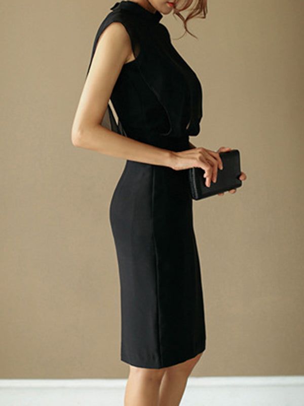 Loose Sleeveless Gauze Hollow See-through Split-joint Zipper Stand Collar Evening Dresses Midi Dresses