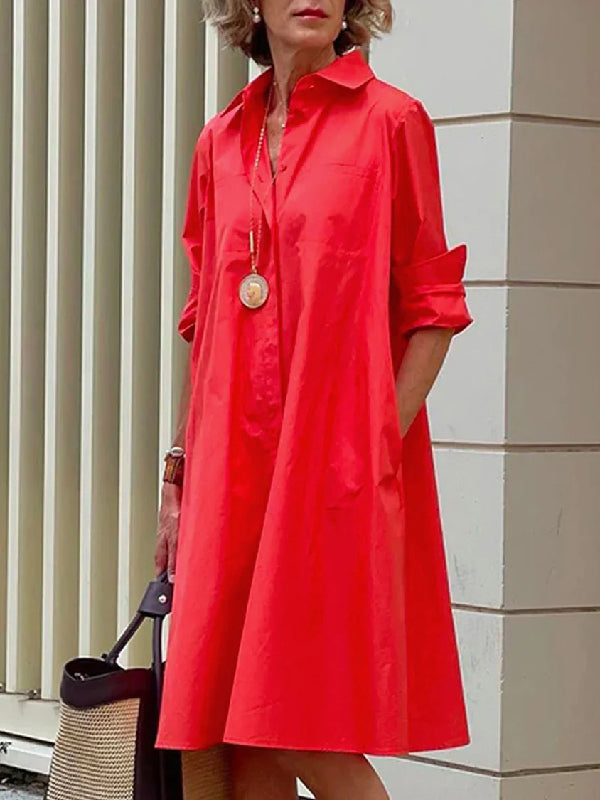 Simple Long Sleeves Color Lapel Midi Dress