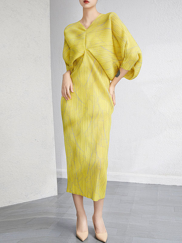 Urban Loose Batwing Sleeves Printed Pleated V-neck Midi Dresses