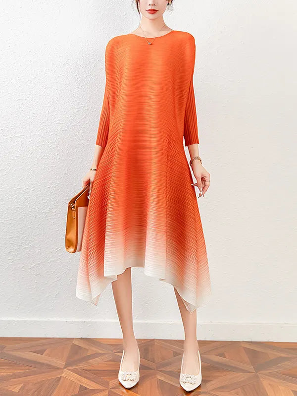 Original Long Sleeves Loose Pleated Gradient Round-neck Midi Dresses