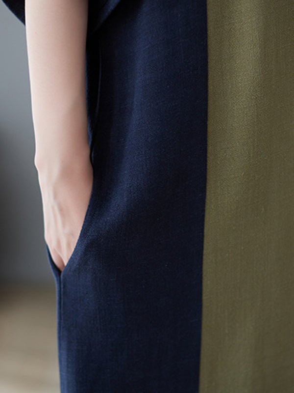 Half Sleeves Loose Contrast Color Round-neck Midi Dresses
