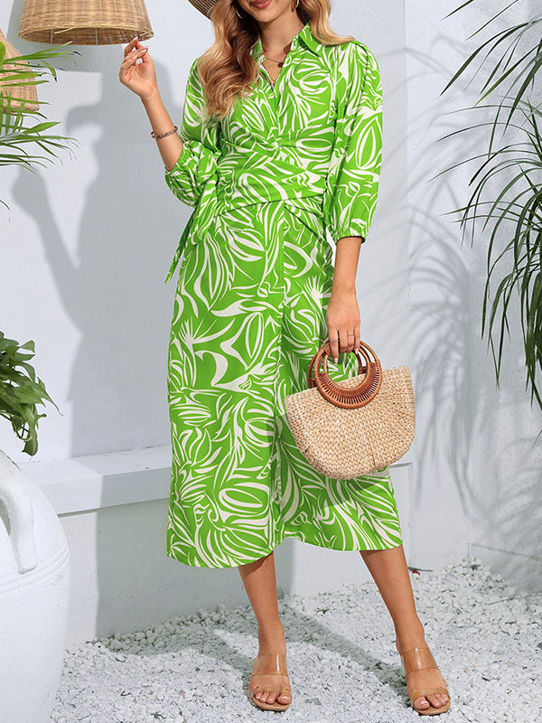 A-line High Waisted Elasticity Printed Tied Waist Lapel Midi Dresses Shirt Dress