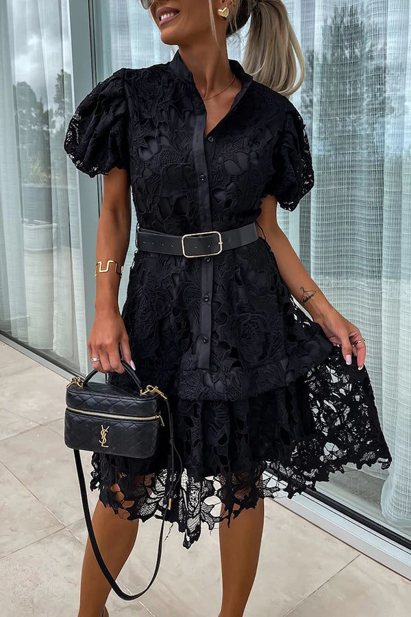 Absolutely Crochet Lace Puff Sleeve Belted Shirt Midi Dress