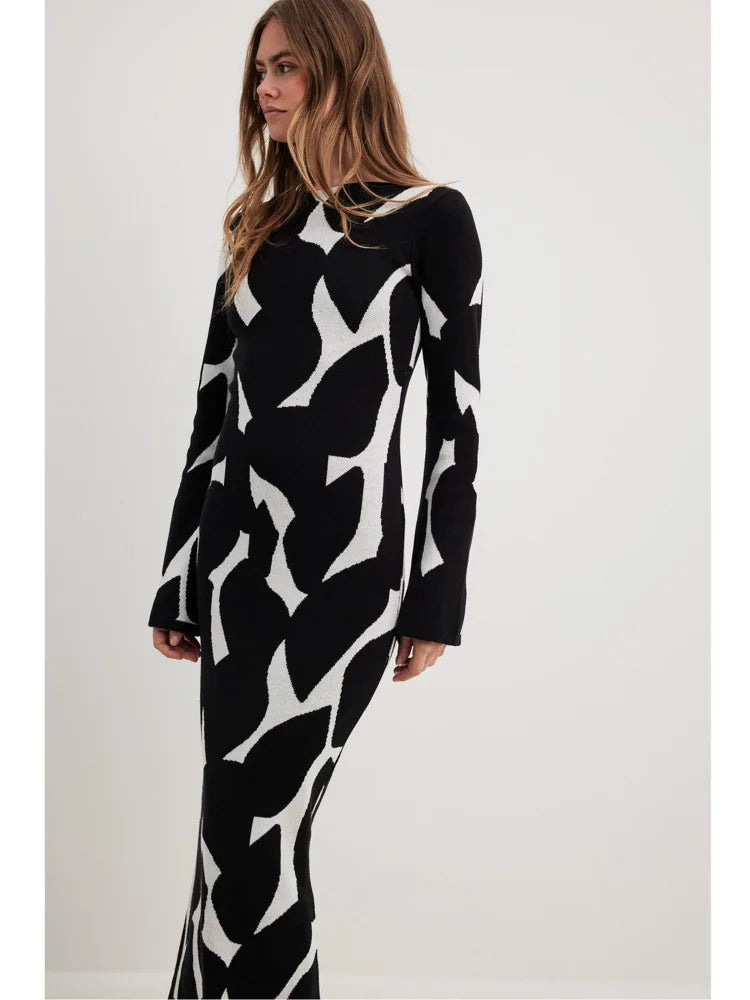 Autumn/winter New Long Sleeve Dress Knitted Sweater Long Dress Printed Bodycon Vesidos Party Evening