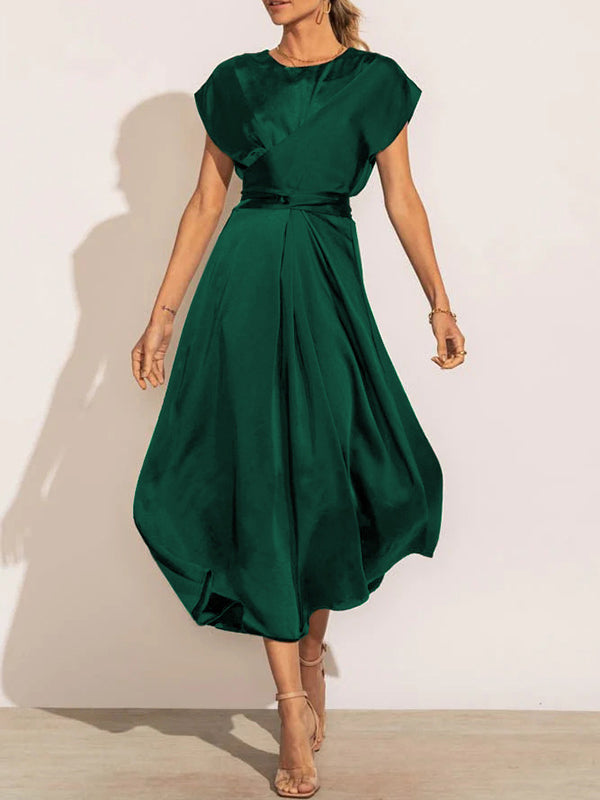 Loose Short Sleeves Color Split-joint Tied Waist Round-neck Midi Dresses