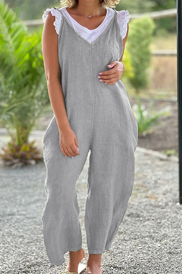 V-neck Wide-leg Pants Suspenders Color Long Jumpsuit
