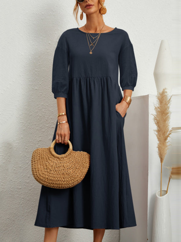 11 Colors Simple Round-neck Color Midi Dress