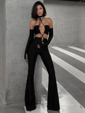 Strappy Halter Neck Long Sleeve Jumpsuit