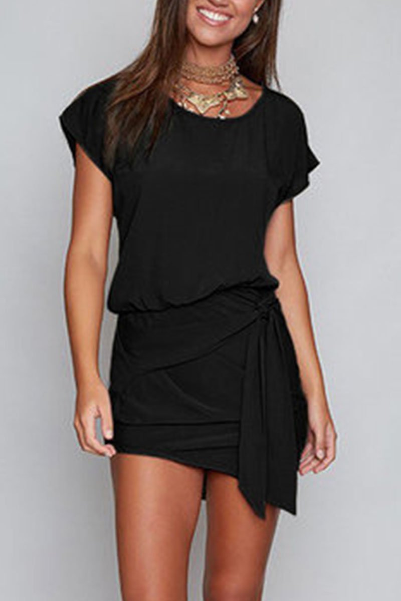 Short Sleeve Belt Mini Dress