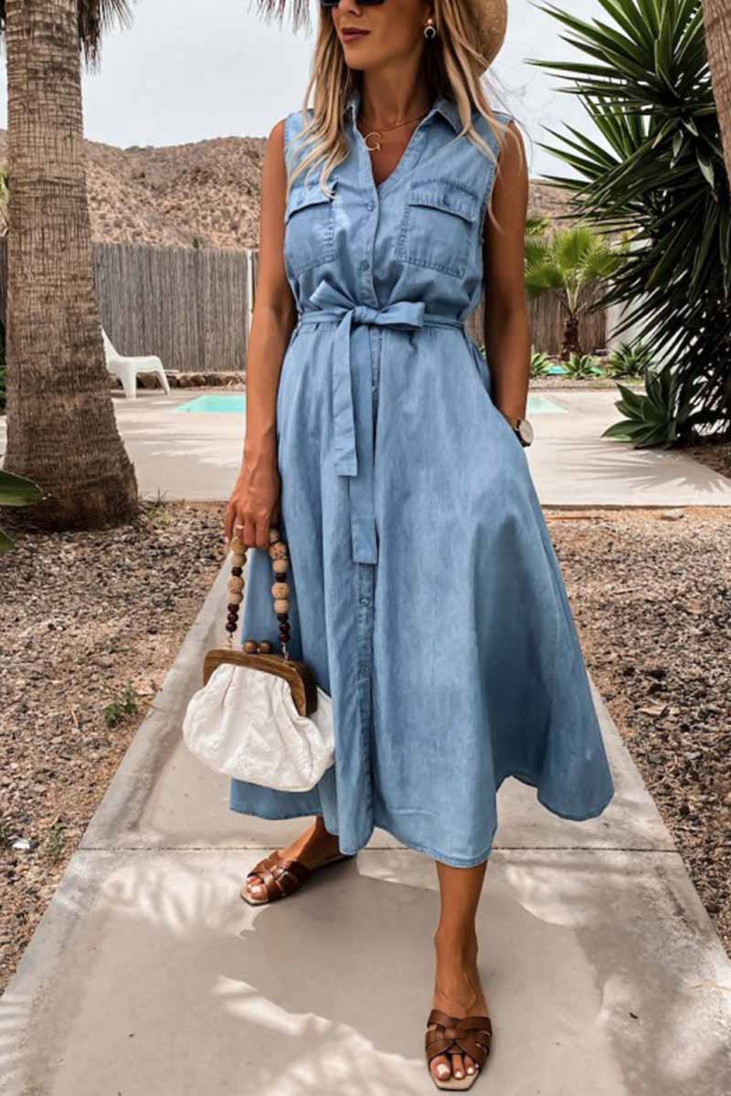Sleeveless Lace-up Single-breasted Denim Midi Dress