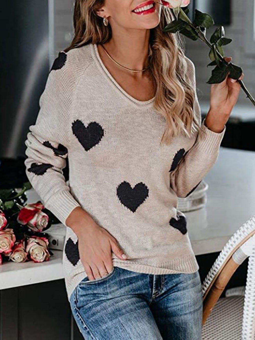 Valentine's Day V-neck Knit Sweater