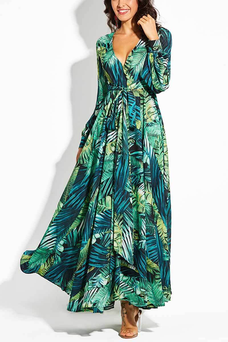 V-neck Leaf Print Maxi Dress