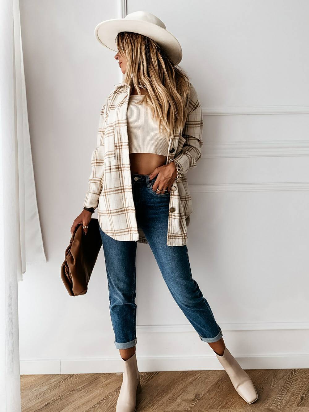 Plaid Brushed Wool Cardigan Jacket